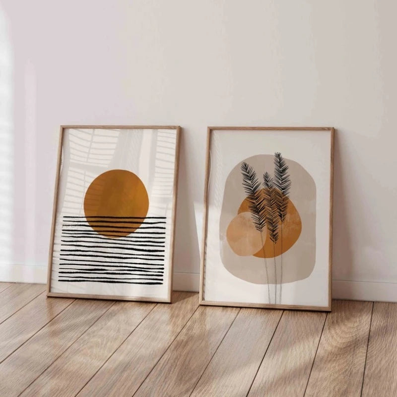 Modern Abstract Boho Canvas Print Wall Art – Minimalist Orange Sun, Organic Shapes & Botanical Silhouette Design for Scandinavian Home Decor
