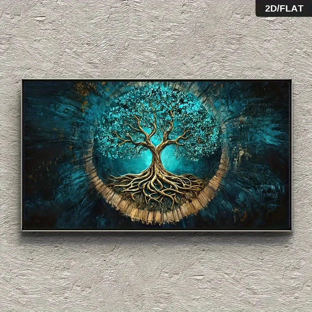Tree of Life Wall Art – Golden Roots & Branches Design – Spiritual Energy Symbol Unframed Canvas Print for Modern Living Room Home Décor