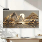 Golden Mountain Lake Wall Art Canvas Print – Serene Sunlit Landscape Artwork for Modern Dining Room, Zen Interior & Contemporary Home Decor