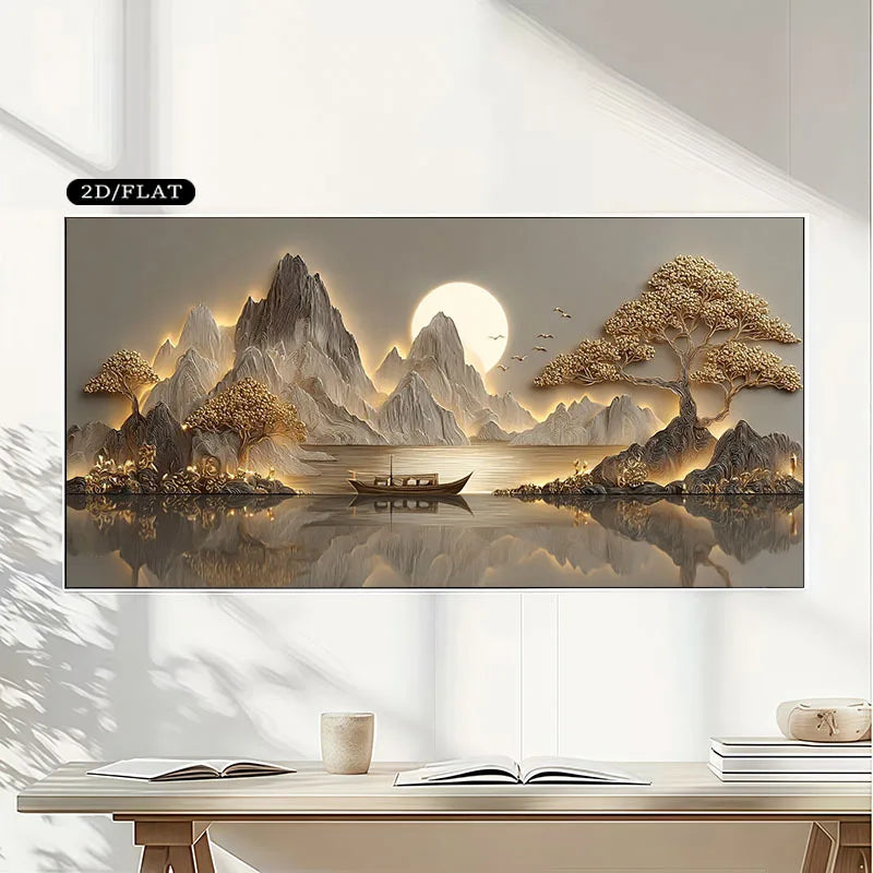 Golden Mountain Lake Wall Art Canvas Print – Serene Sunlit Landscape Artwork for Modern Dining Room, Zen Interior & Contemporary Home Decor