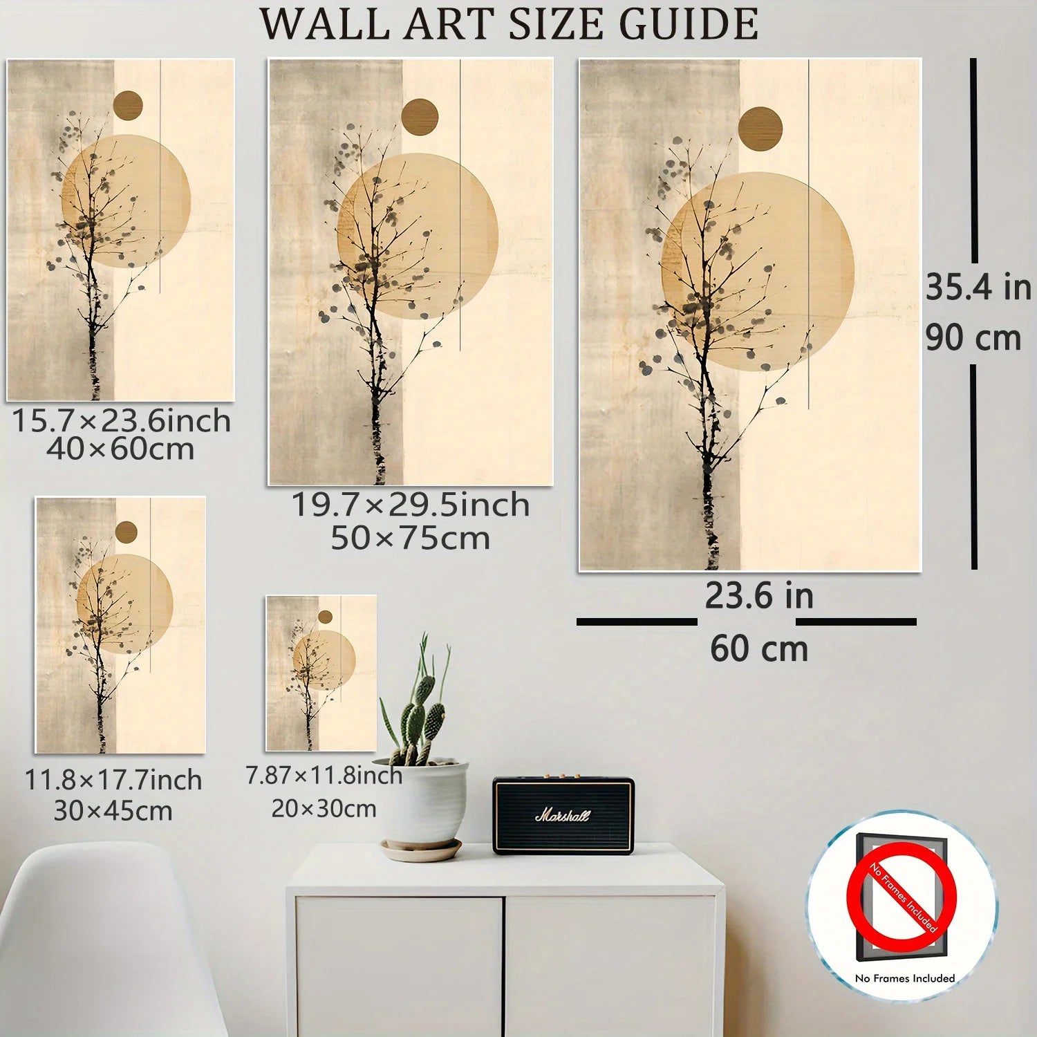 Minimalist Tree Silhouette Wall Art – Modern Gray & Beige Geometric Sun and Moon Design – Contemporary Artwork for Calm Living Room Decor