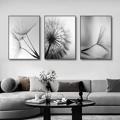 Black White Minimalist Dandelion Abstract Wall Art Fine Art Canvas Prints - Simple Lifestyle Art For Modern Apartment Living Room Dining Room Bedroom Art Decor