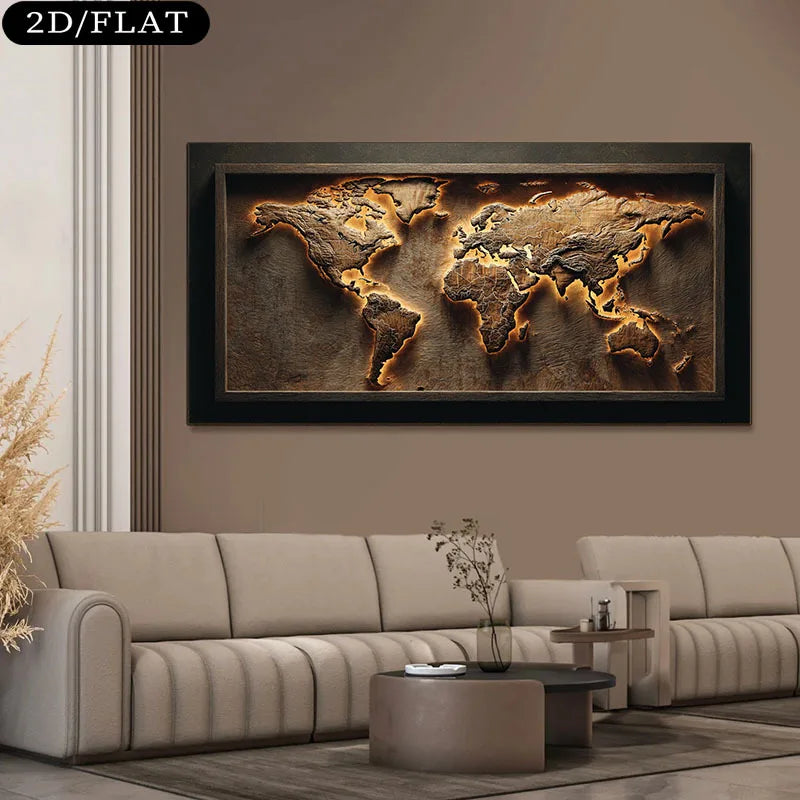 Luxury Unframed Abstract World Map Canvas Print Wall Art – Modern Neutral Living Room Statement Art Piece for Earth‑Tone Home Decor