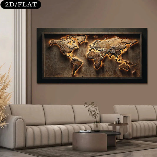 Luxury Unframed Abstract World Map Canvas Print Wall Art – Modern Neutral Living Room Statement Art Piece for Earth‑Tone Home Decor