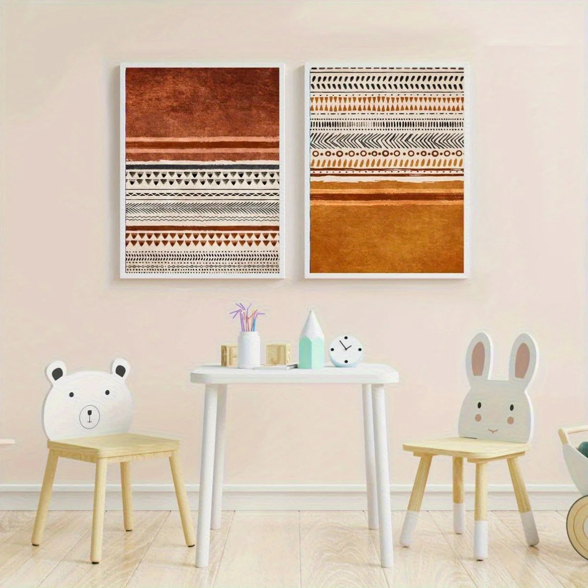 Earth‑Tone Geometric Wall Art Unframed Canvas Print – Modern Tribal‑Inspired Abstract Patterns & Minimalist Striped Design - 2Pcs Set
