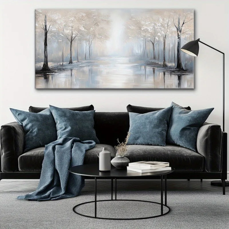 Canvas Wall Art Misty Silvery Forest Modern Abstract Painting Frameless Picture for Living Room Bedroom Office Home Decoration