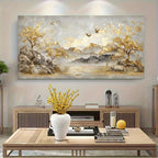 Large Modern Abstract Canvas Wall Art Mountain Landscape with Trees, Birds Frameless Decor, Extra Long Up Modern Home Decoration