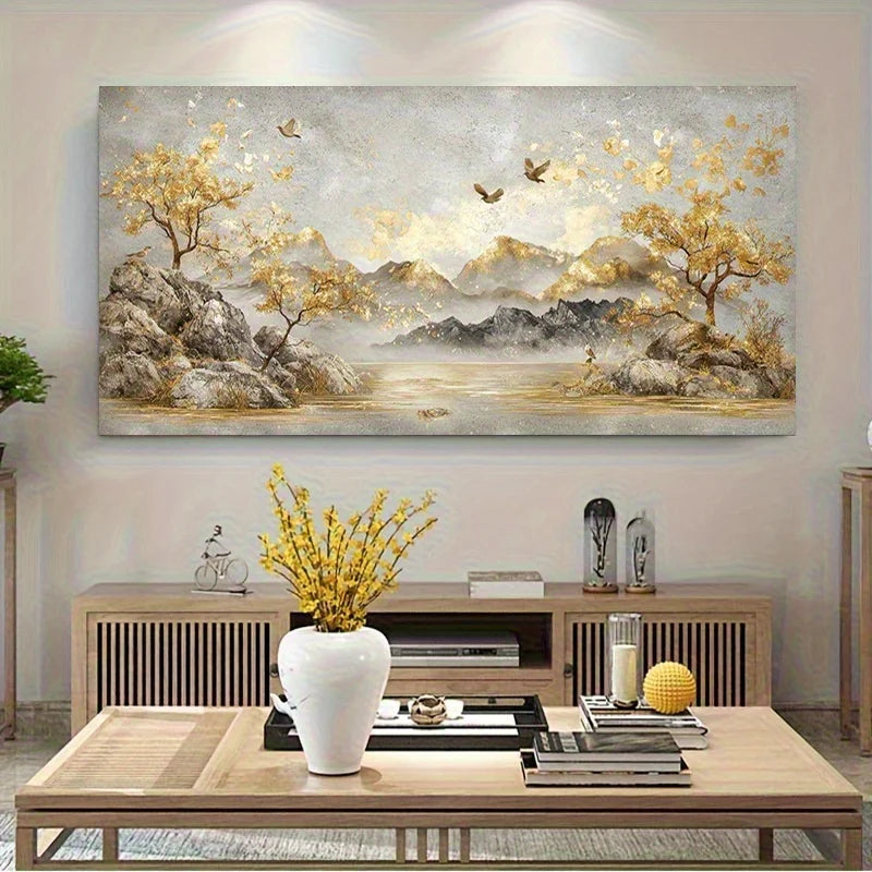 Large Modern Abstract Canvas Wall Art Mountain Landscape with Trees, Birds Frameless Decor, Extra Long Up Modern Home Decoration