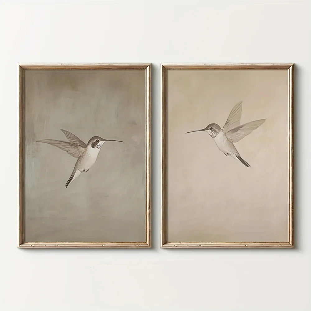 Neutral Hummingbird Wall Art Set – Soft Beige & White Bird Illustration Prints – Modern Minimalist Unframed Canvas Art for Calm Bedroom Decor