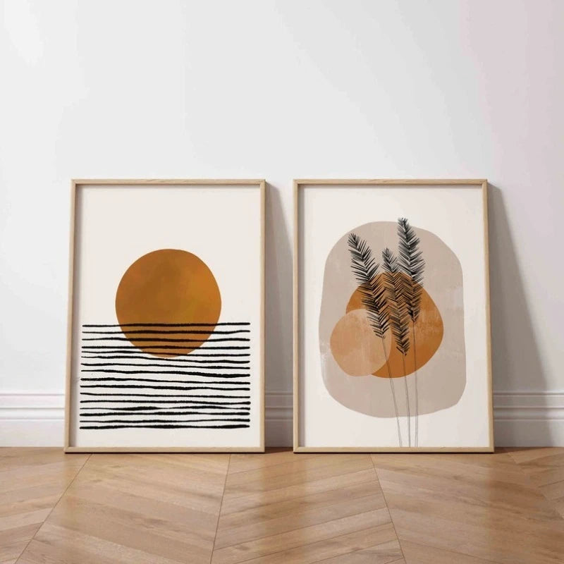 Modern Abstract Boho Canvas Print Wall Art – Minimalist Orange Sun, Organic Shapes & Botanical Silhouette Design for Scandinavian Home Decor