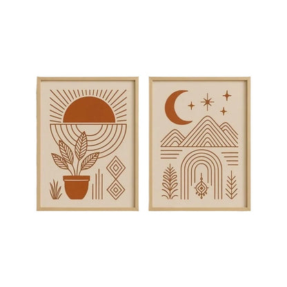 Large Minimalist Boho Geometric Sun Moon Mountain Unframed Canvas Print Set Wall Art in Warm Earthy Tones for Modern Home Styling