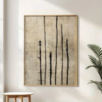 Japandi Abstract Brushstroke Canvas Print Wall Art – Black Ink Vertical Strokes on Neutral Beige Background - Art for Zen Living, Meditation Space