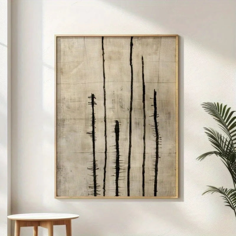 Japandi Abstract Brushstroke Canvas Print Wall Art – Black Ink Vertical Strokes on Neutral Beige Background - Art for Zen Living, Meditation Space