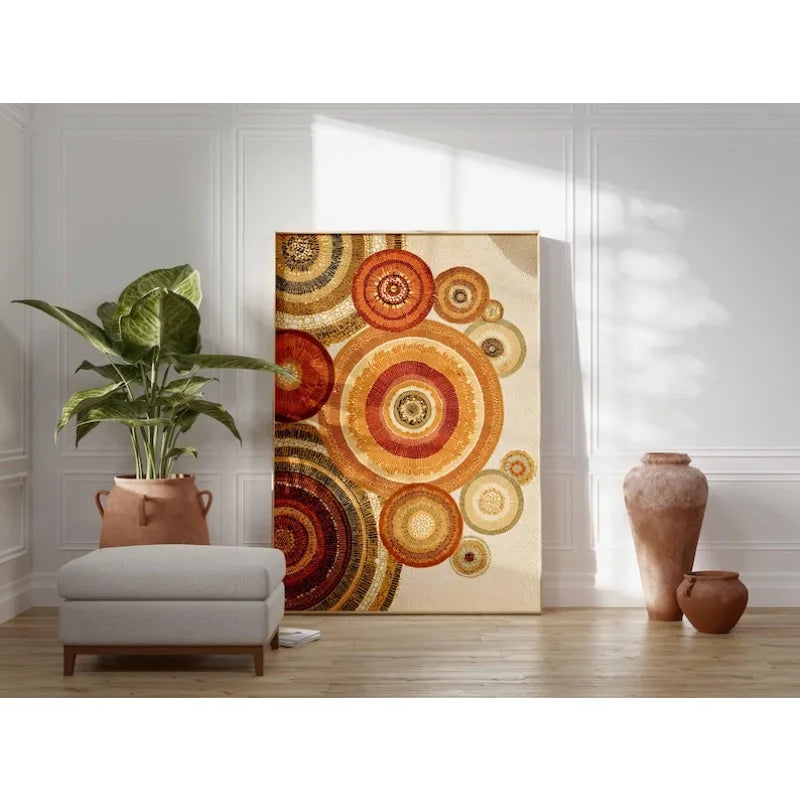 Large Abstract Concentric Circles Canvas Print Wall Art – Warm Earthy Orange, Red & Brown Geometric Artwork for Modern Interior Decor