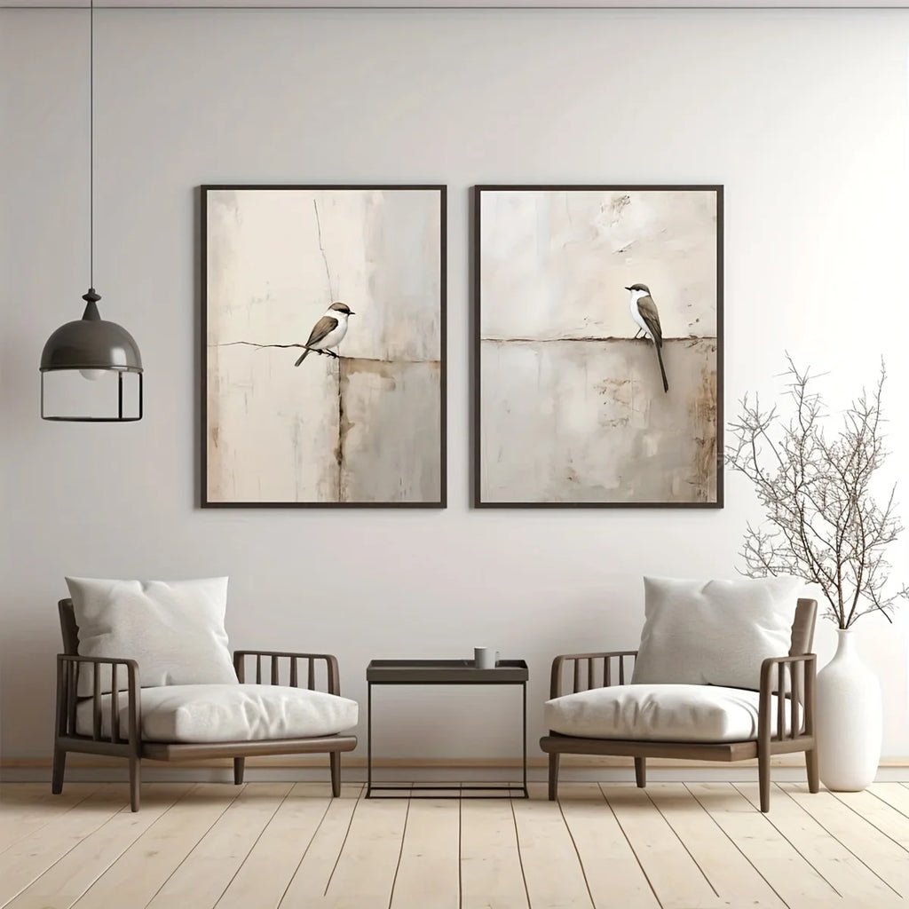 Neutral Bird Wall Art Set – Soft Beige & Gray Minimalist Bird Illustration Prints – Modern Artworks for Living Room, Entryway & Bedroom Decor