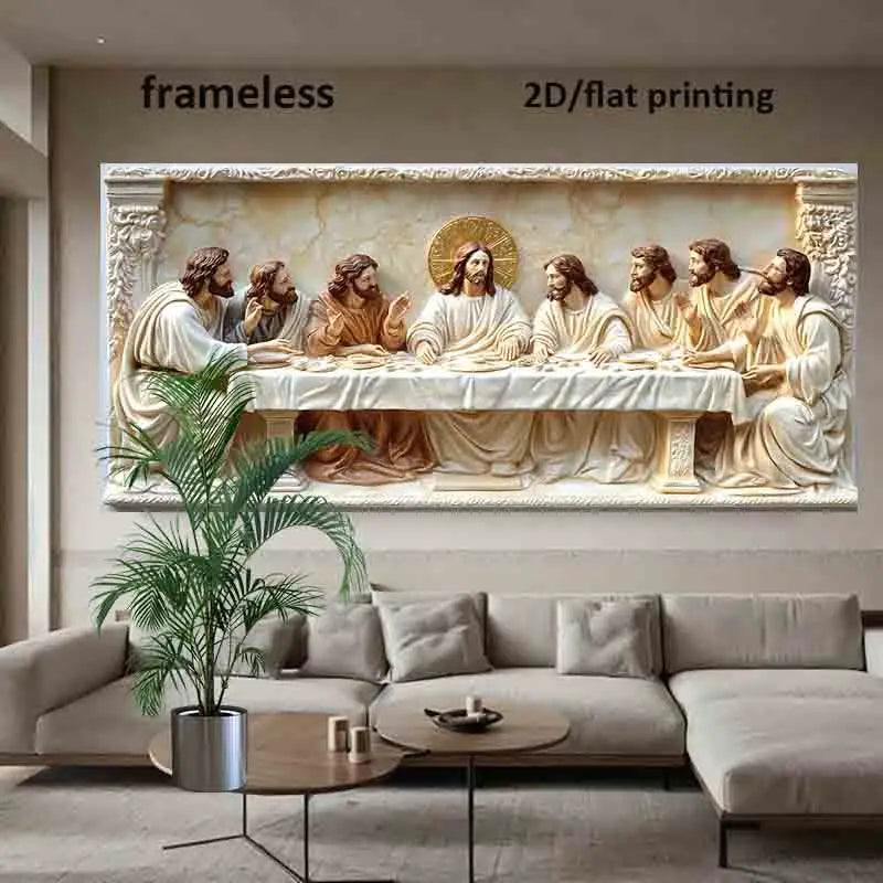 Modern 3D Relief Style The Last Supper Wall Art 2D Unframed Canvas Print – Auspicious Artwork in Neutral Tones for Living Room Decor