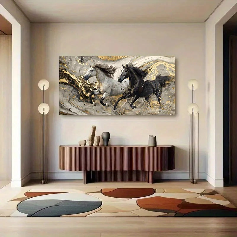 Modern Abstract Horse Canvas Wall Art, Frameless Golden Accent Wall Art Pictures Dynamic Horse Canvas Print For Home Decortions