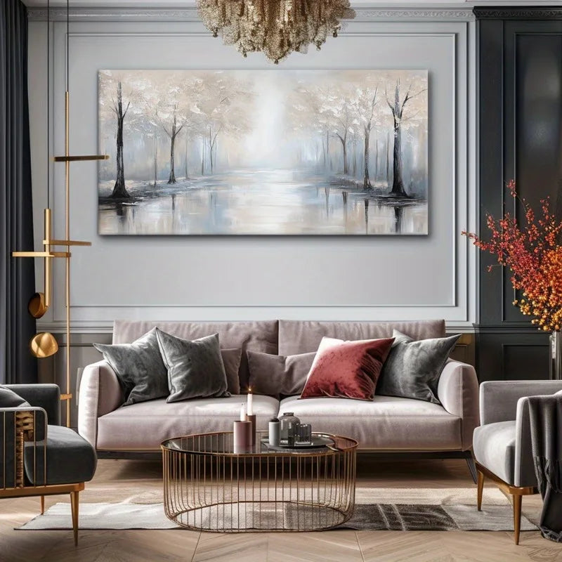Canvas Wall Art Misty Silvery Forest Modern Abstract Painting Frameless Picture for Living Room Bedroom Office Home Decoration