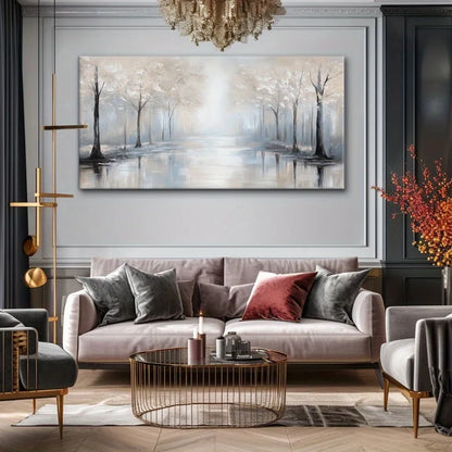 Canvas Wall Art Misty Silvery Forest Modern Abstract Painting Frameless Picture for Living Room Bedroom Office Home Decoration