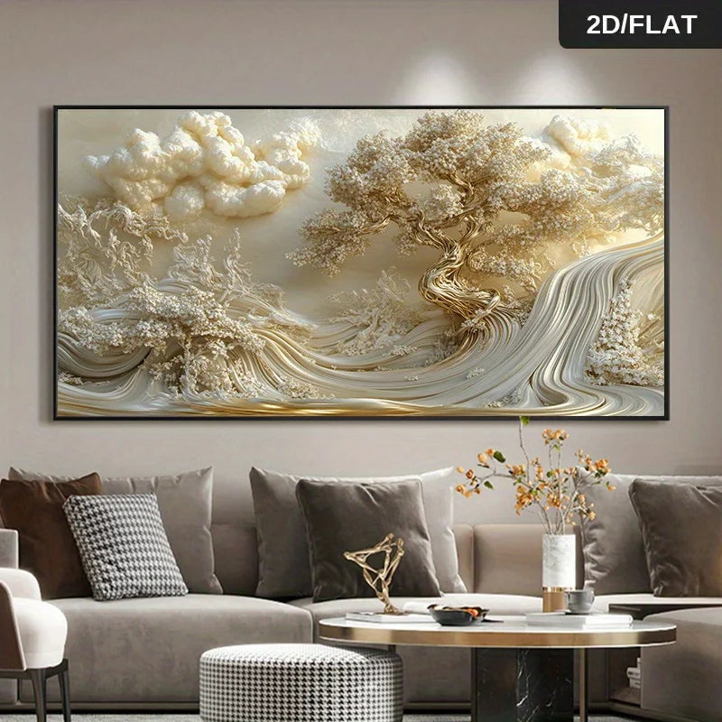 Luxury Beige & Gold Abstract Landscape Canvas Wall Art – Flowing Tree‑Inspired Wave Design Artwork in Warm Neutral Tones