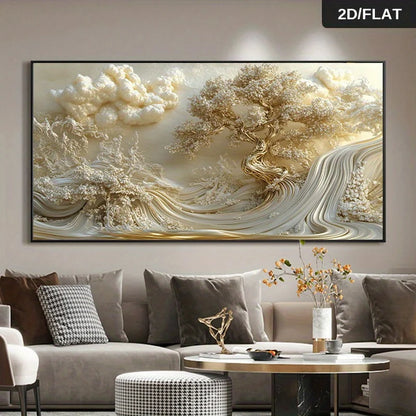 Luxury Beige & Gold Abstract Landscape Canvas Wall Art – Flowing Tree‑Inspired Wave Design Artwork in Warm Neutral Tones