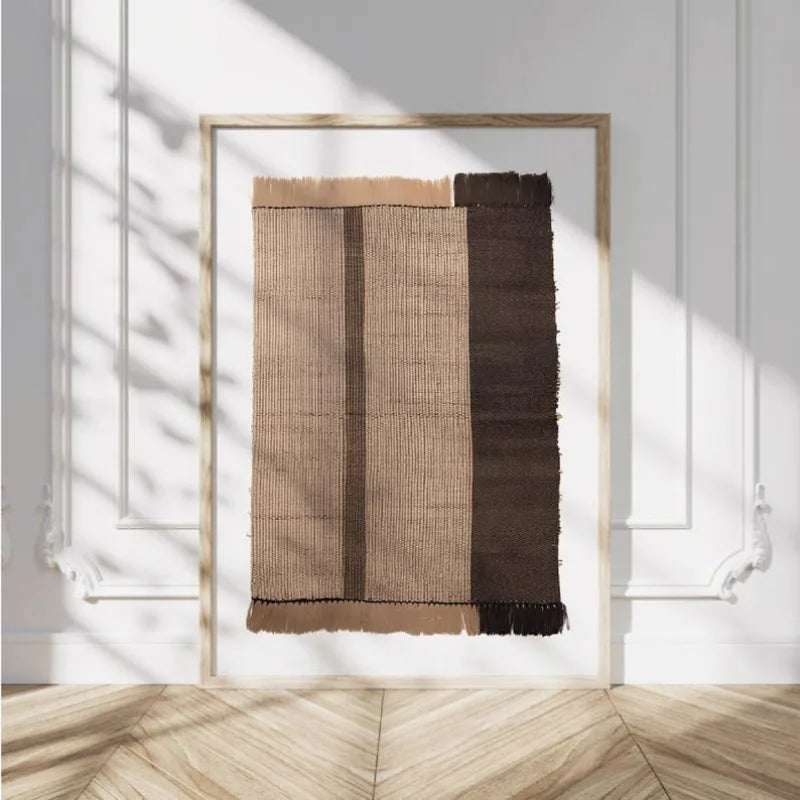 Large Unframed Woven Textile Stripe Pattern Canvas Print Wall Art in Neutral Beige and Brown Tones for Modern Minimalist Living Room