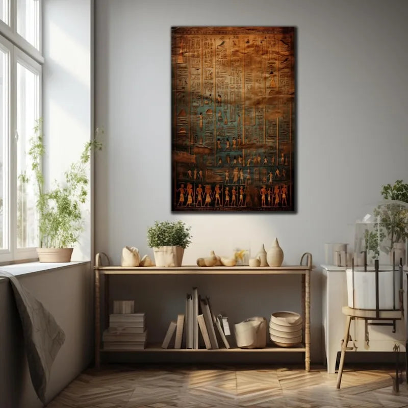 Large Ancient Egyptian Hieroglyphs Unframed Canvas Print Wall Art – Brown & Turquoise Historical Symbolic Artwork for Modern Bedroom