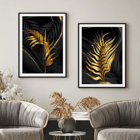 Tropical Green Golden Leaf Wall Art Fine Art Canvas Prints - Modern Botanical Art For Living Room Dining Room Art For Home Office Interiors
