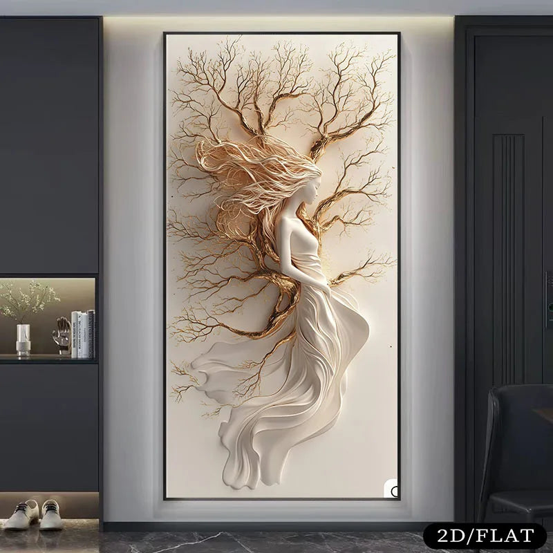 Golden Tree Goddess Wall Art – Elegant Neutral Tones Nature‑Inspired Female Silhouette Fine Art Canvas Print with Flowing Branch Design