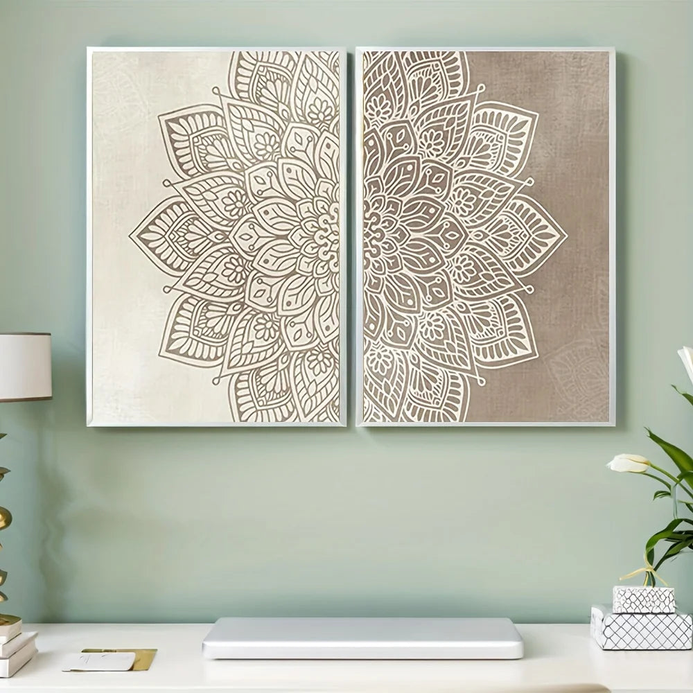 Neutral Mandala Floral Wall Art Set – Intricate White Symmetrical Pattern on Beige & Taupe – Canvas Prints For Living Room & Bedroom Decor