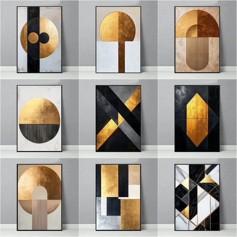 Modern Abstract Black Golden Geometric Wall Art Fine Art Canvas Prints - Modern Art For Contemporary Apartment Living Room Dining Room Bedroom Art Decor