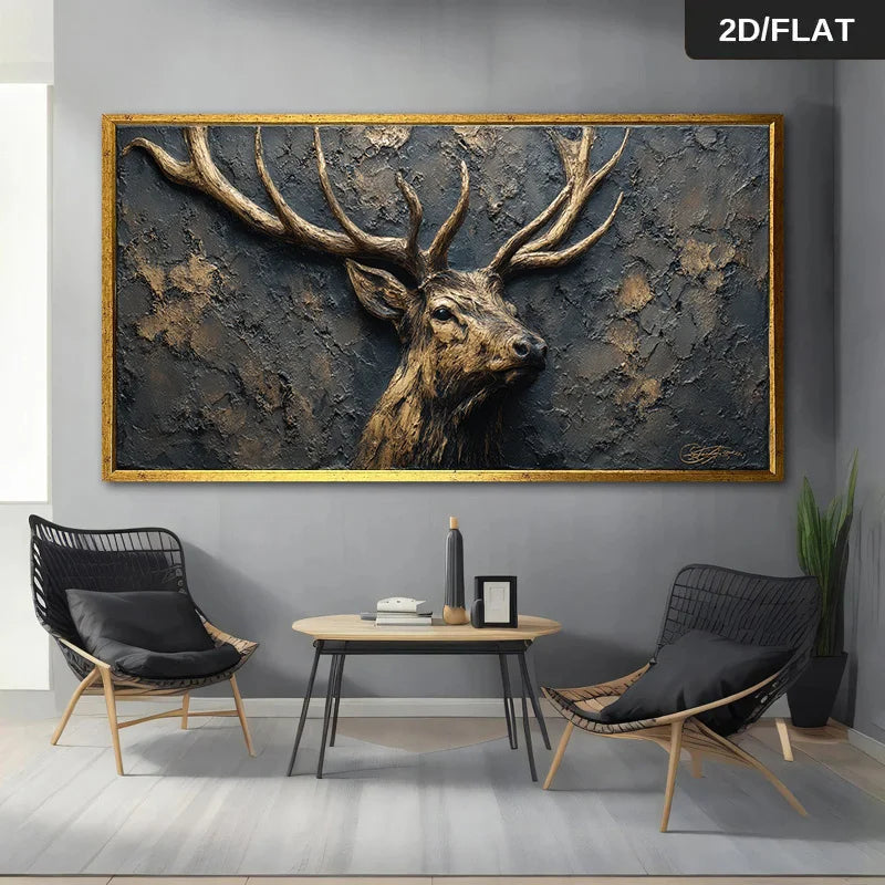 Majestic Golden Stag Wall Art – Rustic Antlered Deer Portrait – Luxury Nature‑Inspired Unframed Canvas Print for Modern Living Room Decor