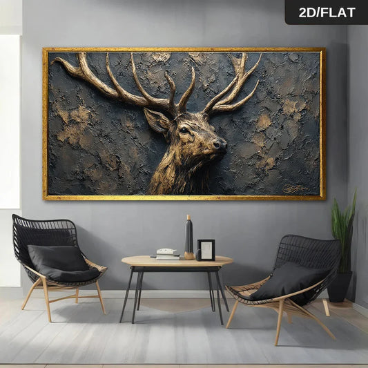 Majestic Golden Stag Wall Art – Rustic Antlered Deer Portrait – Luxury Nature‑Inspired Unframed Canvas Print for Modern Living Room Decor