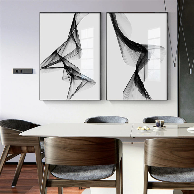 Black White Flowing Lines Abstract Minimalist Wall Art Fine Art Canvas Prints - Pictures For Modern Apartment Living Room Dining Room Art For Contemporary Interiors