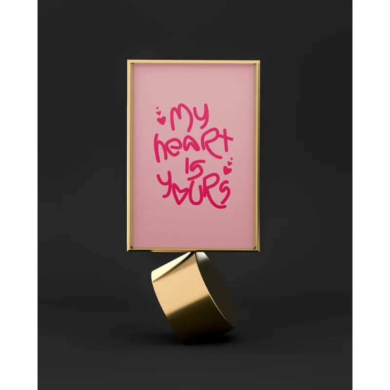 Pink Romantic Quote Wall Art – Handwritten “My Heart Is Yours” Typography – Modern Minimalist Unframed Canvas Print for Bedroom