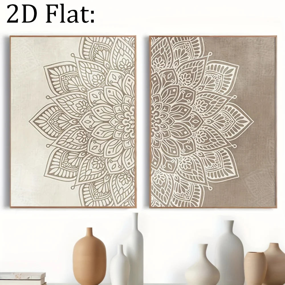 Neutral Mandala Floral Wall Art Set – Intricate White Symmetrical Pattern on Beige & Taupe – Canvas Prints For Living Room & Bedroom Decor