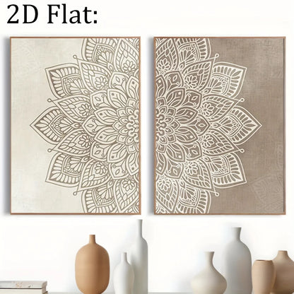 Neutral Mandala Floral Wall Art Set – Intricate White Symmetrical Pattern on Beige & Taupe – Canvas Prints For Living Room & Bedroom Decor