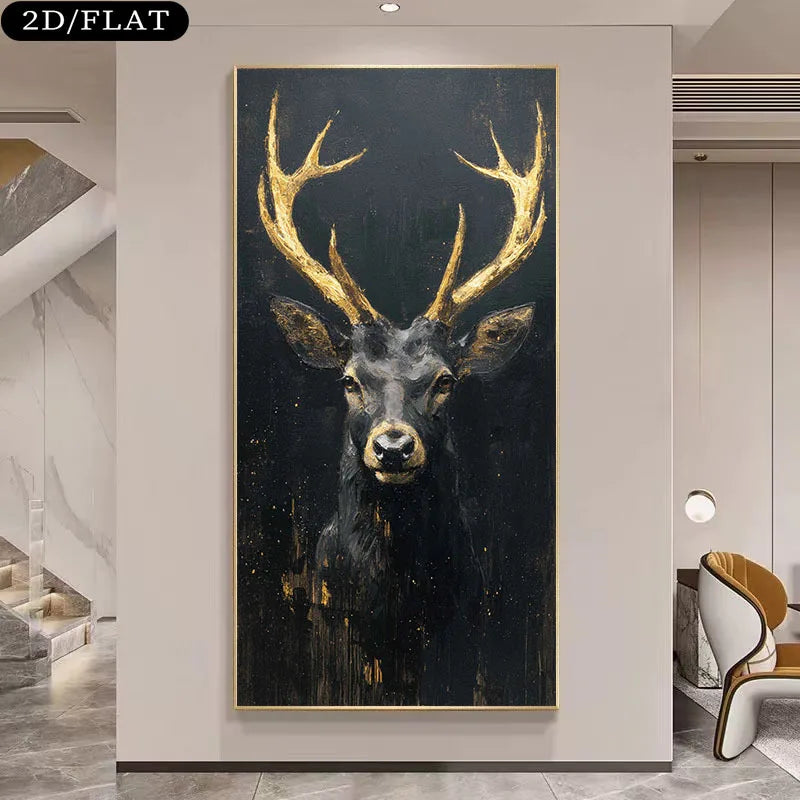 Golden Antler Deer Unframed Canvas Print Wall Art – Black Background Luxury Nordic Artwork for Modern Living Room & Foyer Art Decor