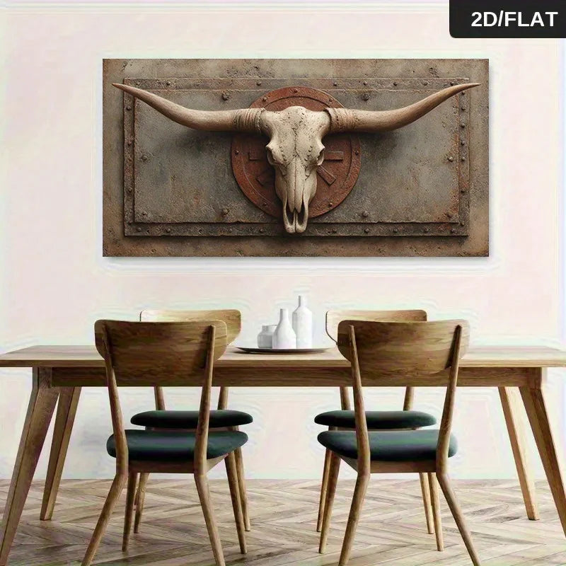 Rustic Longhorn Skull Canvas Print Unframed Wall Art – Western Industrial Design Rustic Background for Modern Living Room - Statement Styling