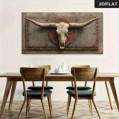 Rustic Longhorn Skull Canvas Print Unframed Wall Art – Western Industrial Design Rustic Background for Modern Living Room - Statement Styling