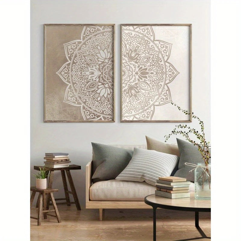 Neutral Mandala Wall Art Set – Intricate Floral & Geometric Pattern Design – Symmetrical Canvas Print Set for Modern Foyer Decor