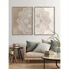 Neutral Mandala Wall Art Set – Intricate Floral & Geometric Pattern Design – Symmetrical Canvas Print Set for Modern Foyer Decor