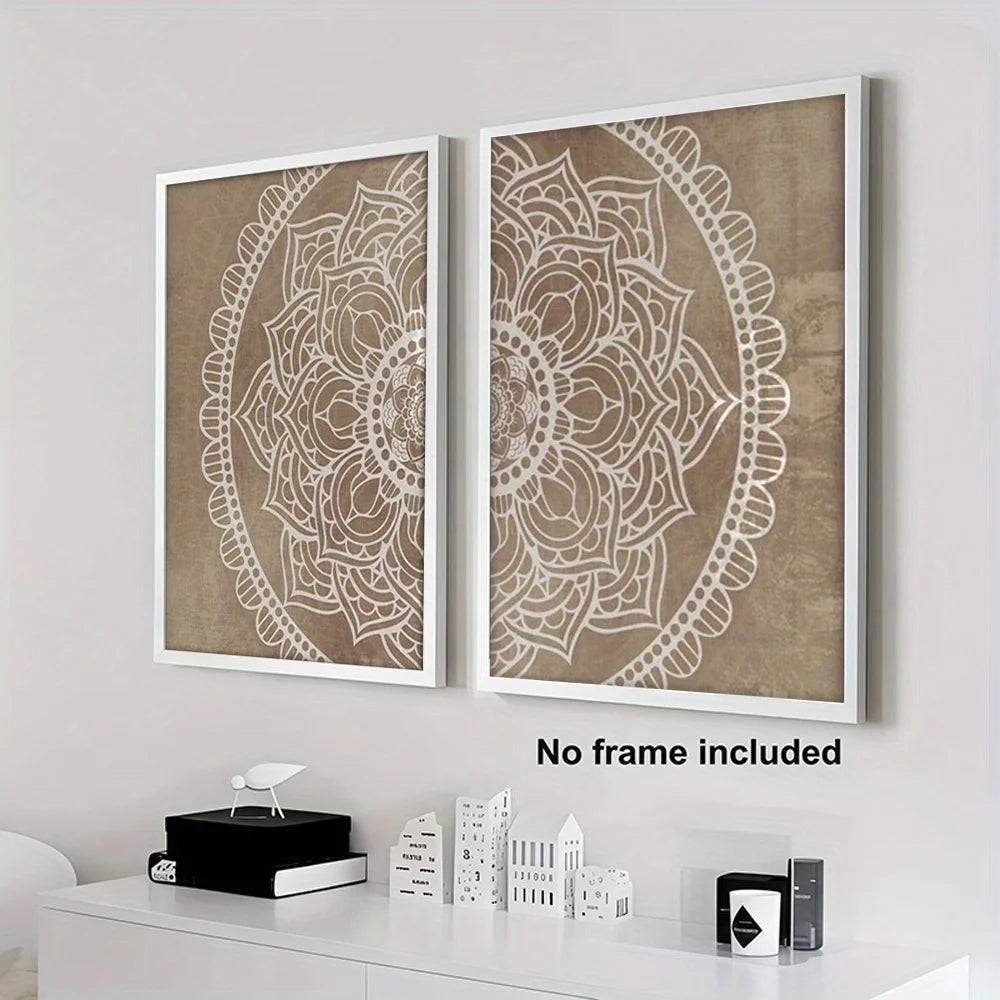 Boho White Mandala Canvas Print Set – Neutral Beige Unframed Wall Art for Modern Living Room, Bedroom & Scandinavian Minimalist Home Décor