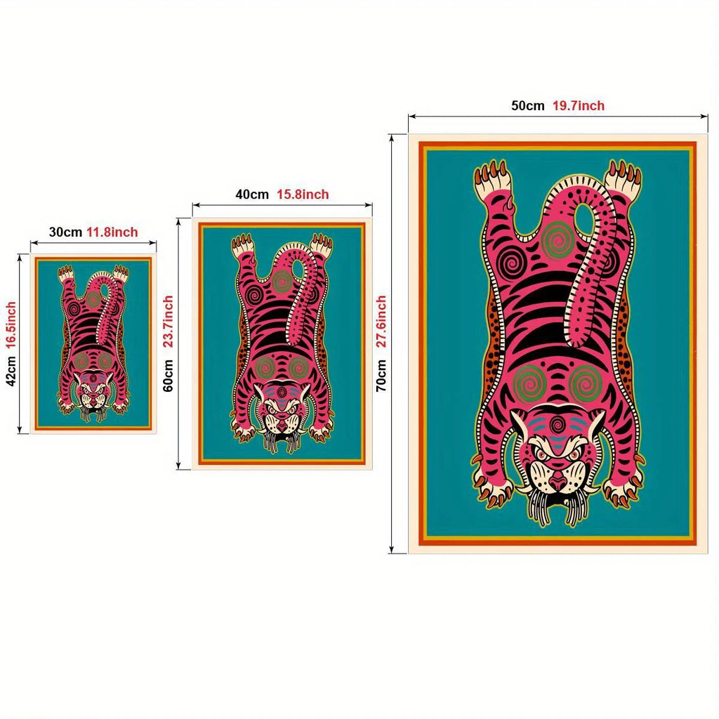 Pink Tibetan Tiger Rug‑Inspired Wall Art – Bold Symmetrical Tiger Design with Teal Background – Cultural Abstract Artwork for Modern Interiors