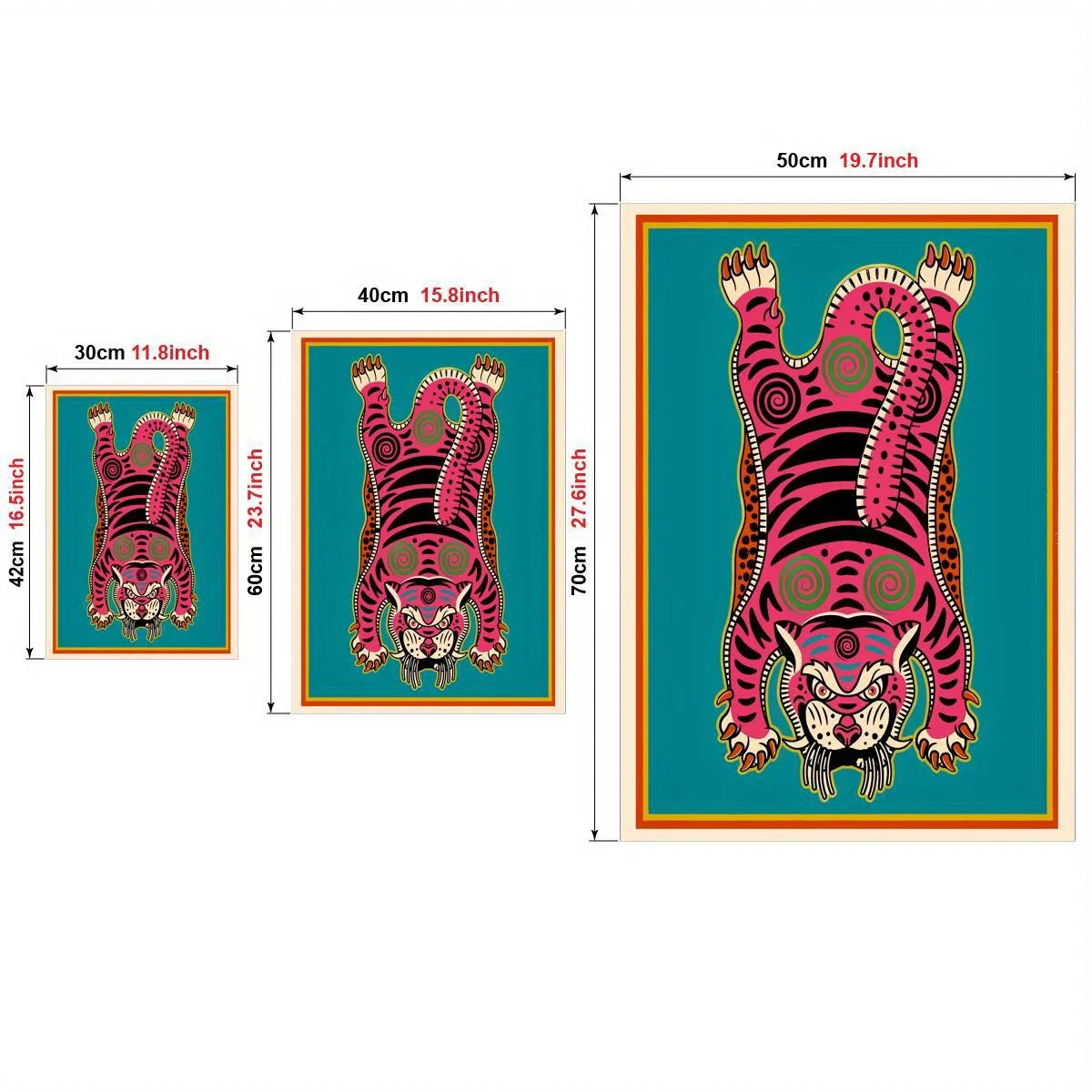 Pink Tibetan Tiger Rug‑Inspired Wall Art – Bold Symmetrical Tiger Design with Teal Background – Cultural Abstract Artwork for Modern Interiors