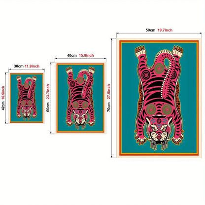 Pink Tibetan Tiger Rug‑Inspired Wall Art – Bold Symmetrical Tiger Design with Teal Background – Cultural Abstract Artwork for Modern Interiors