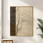 Neutral Zen Tree Branch Silhouette Wall Art – Minimalist Beige & Brown Panel Design – Modern Canvas Print for Calm Living Room Decor