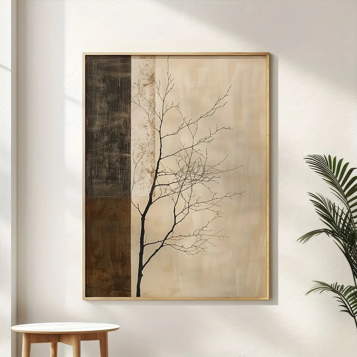 Neutral Zen Tree Branch Silhouette Wall Art – Minimalist Beige & Brown Panel Design – Modern Canvas Print for Calm Living Room Decor