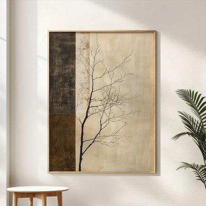 Neutral Zen Tree Branch Silhouette Wall Art – Minimalist Beige & Brown Panel Design – Modern Canvas Print for Calm Living Room Decor