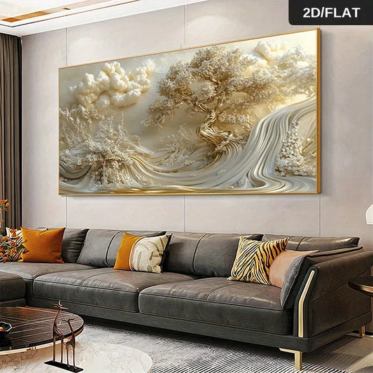 Luxury Beige & Gold Abstract Landscape Canvas Wall Art – Flowing Tree‑Inspired Wave Design Artwork in Warm Neutral Tones